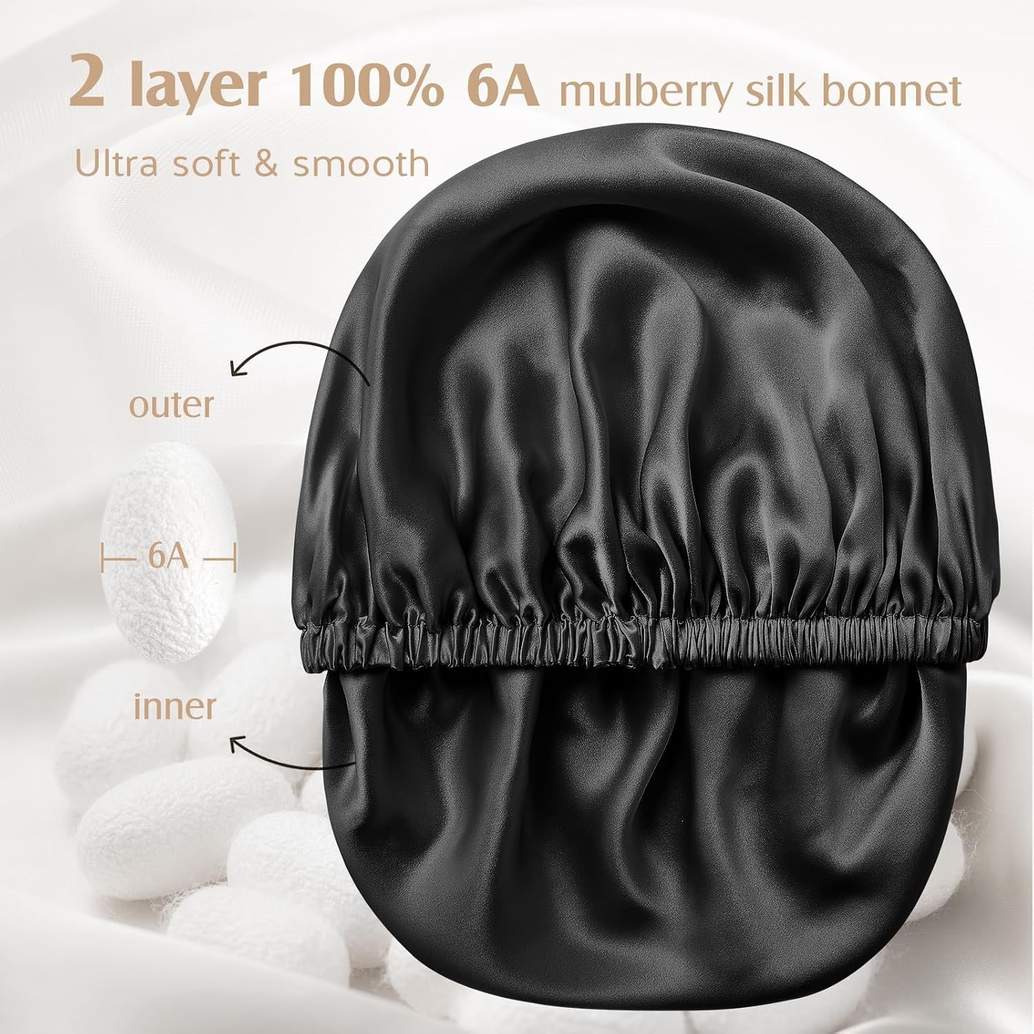 Black Double Layer 22 Momme Mulberry Silk Bonnet, detail view
