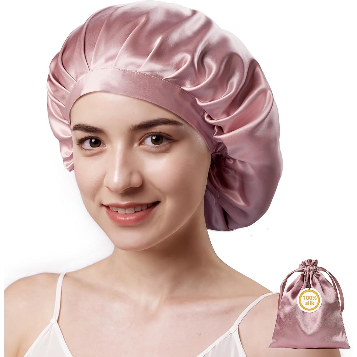 Pink 22 Momme Large Double Layer Silk Bonnet