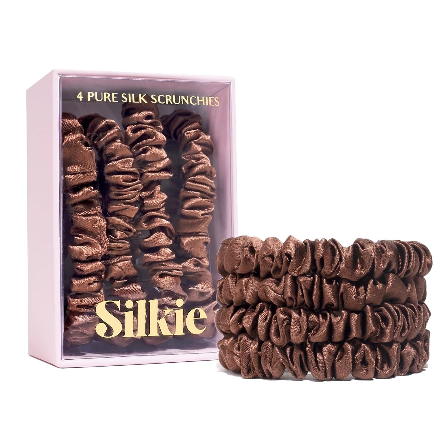 Skinny Mulberry Silk Scrunchies 4 Pack, Praline