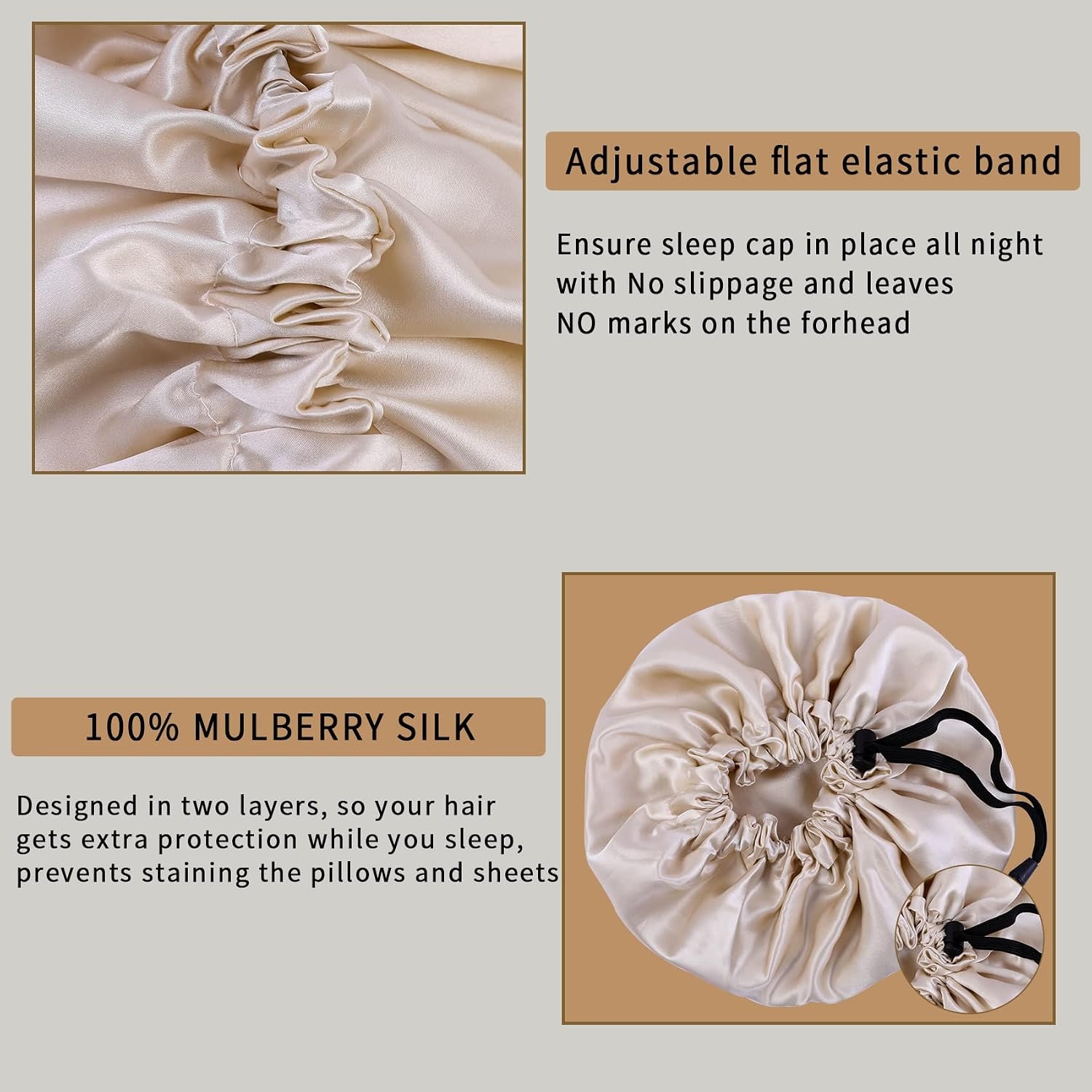 Beige 22 Momme Mulberry Silk Bonnet with Scrunchie: image 4