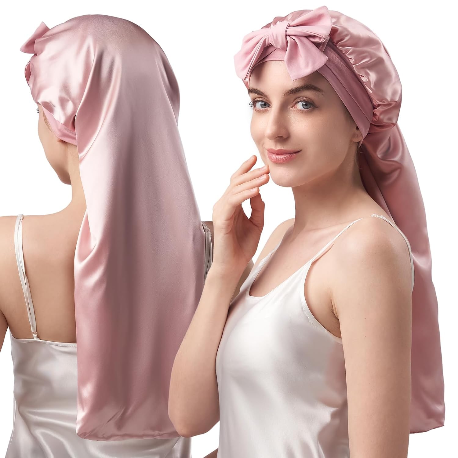 Pink Double Layer 22 Momme Mulberry Silk Bonnet for Long Hair