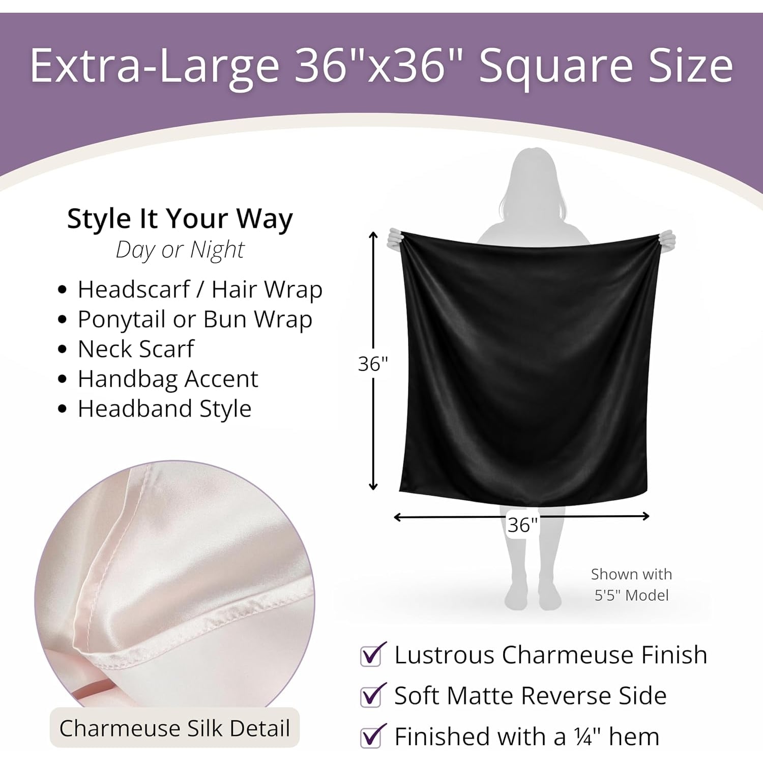 Black 19 Momme Mulberry Silk Head Scarf, 36 Inch Square