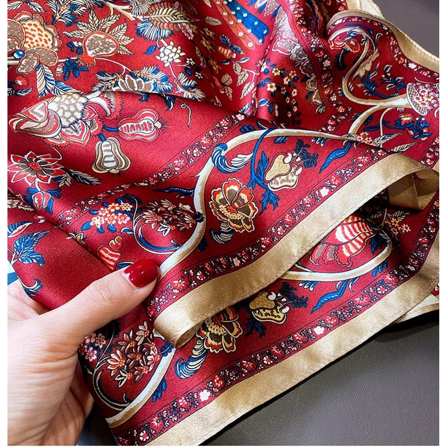 Red Floral 26 Inch Square Mulberry Silk Scarf