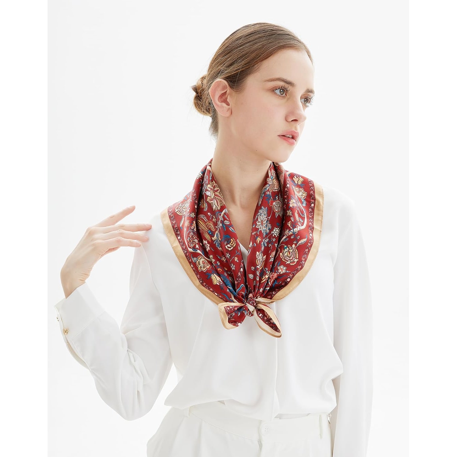 Red Floral 26 Inch Square Mulberry Silk Scarf