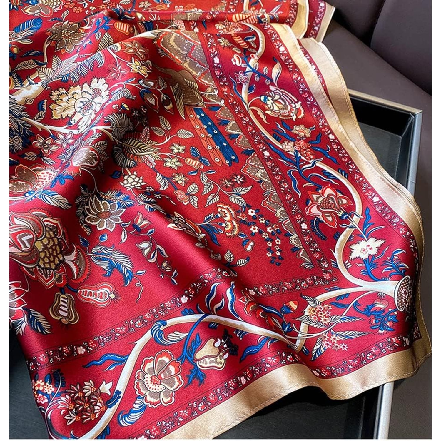 Red Floral 26 Inch Square Mulberry Silk Scarf