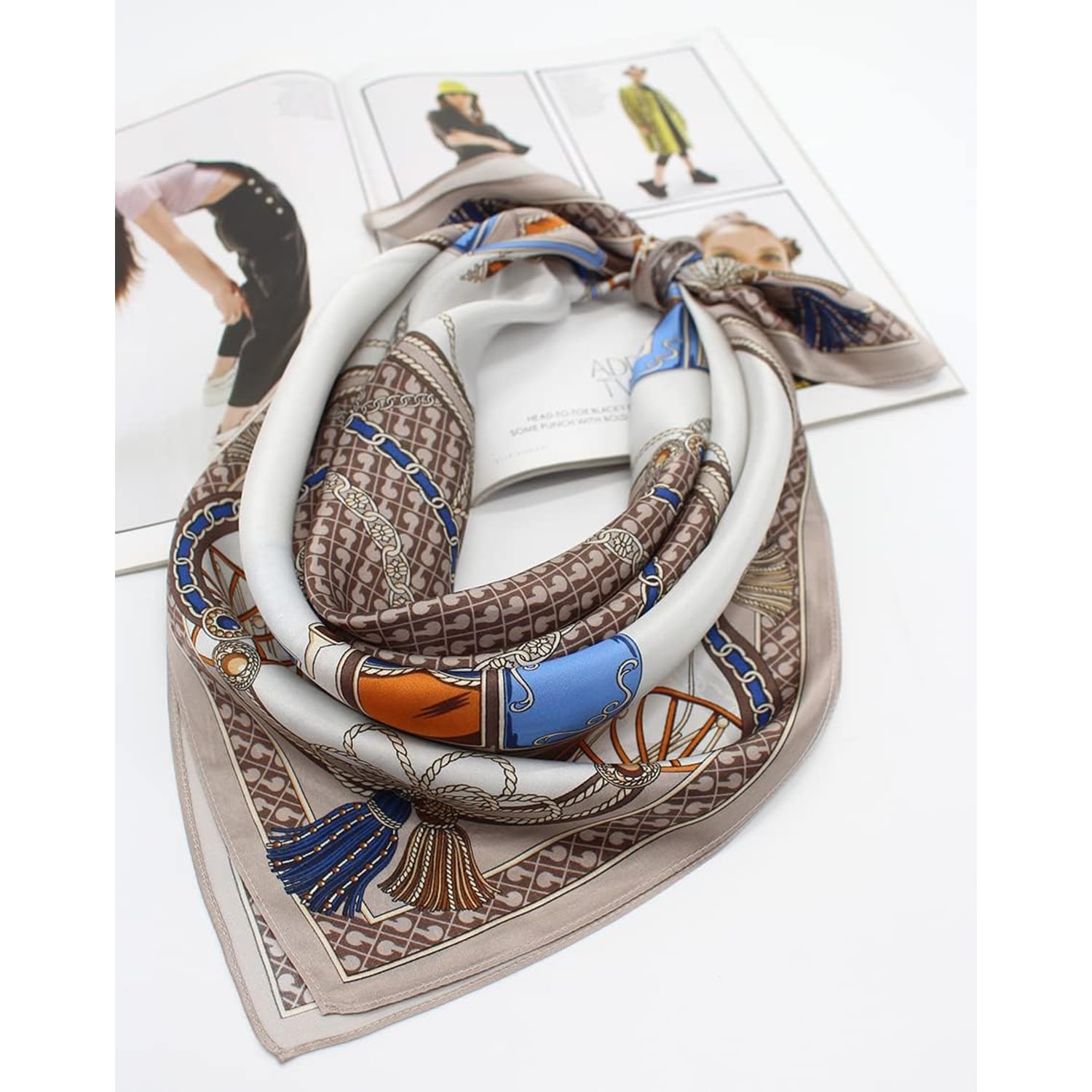 Tan Carriage Print Square Silk Scarf, 26 Inch
