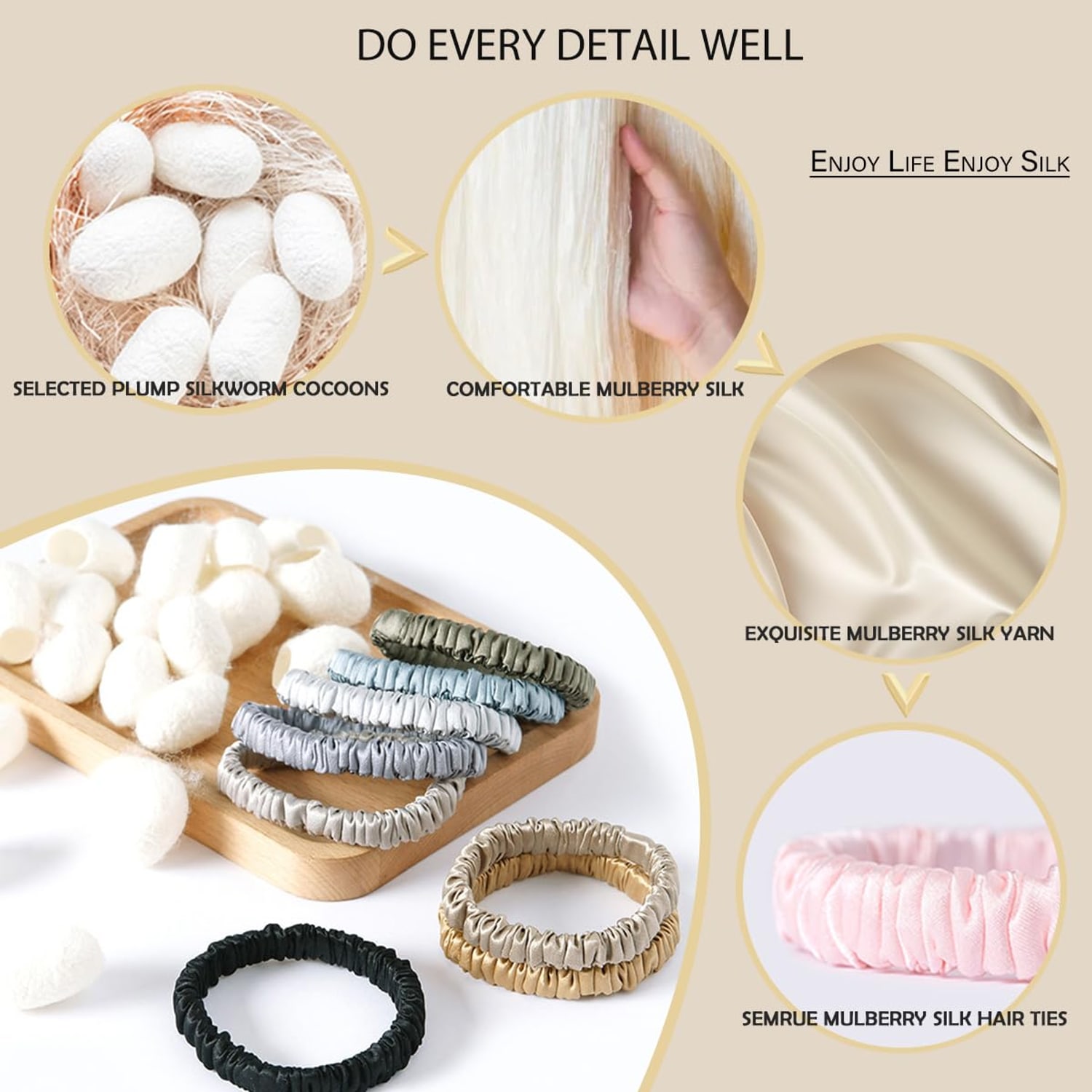 22 Momme Silk Hair Ties, 4 Pack, Black: image 5