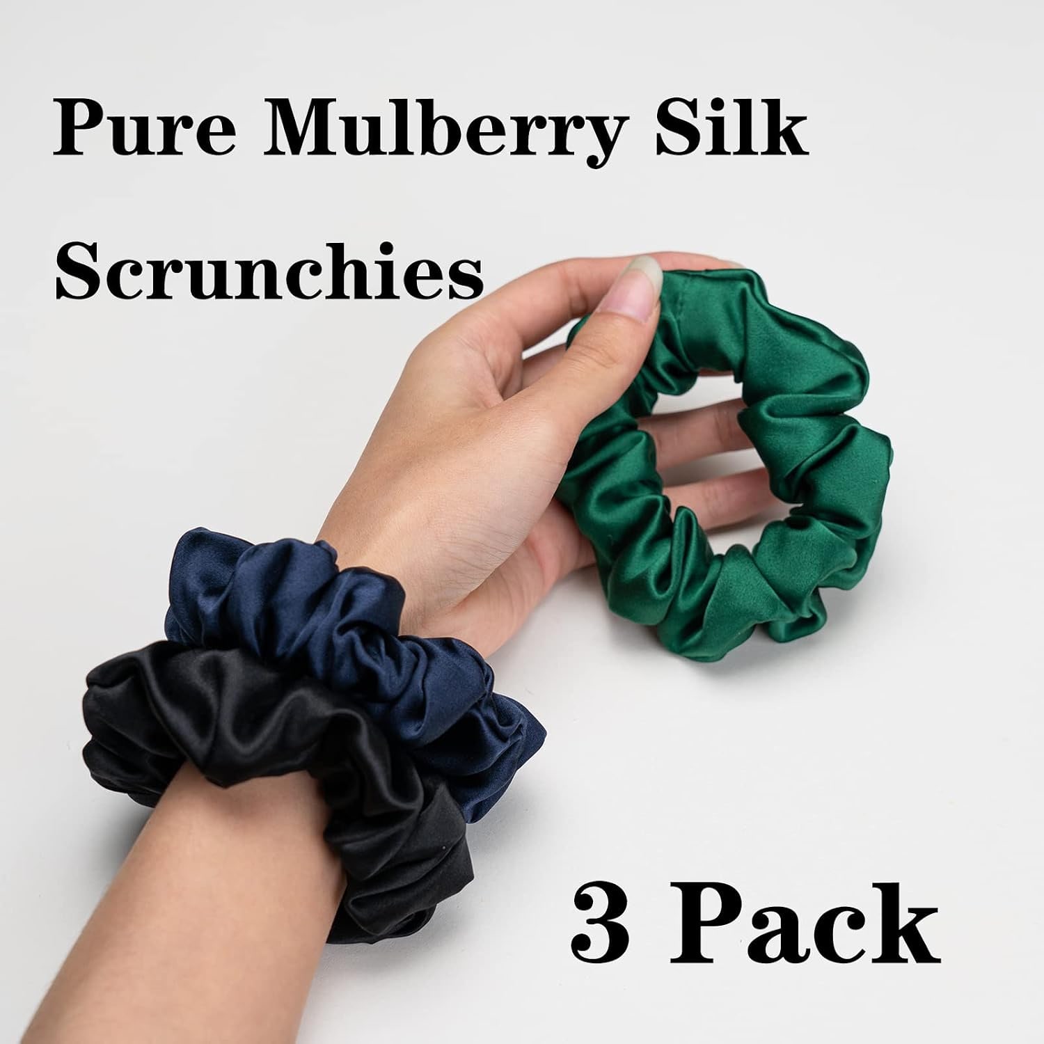 22 Momme Mulberry Silk Scrunchies 3 Pack (Black, Navy, Emerald): image 2