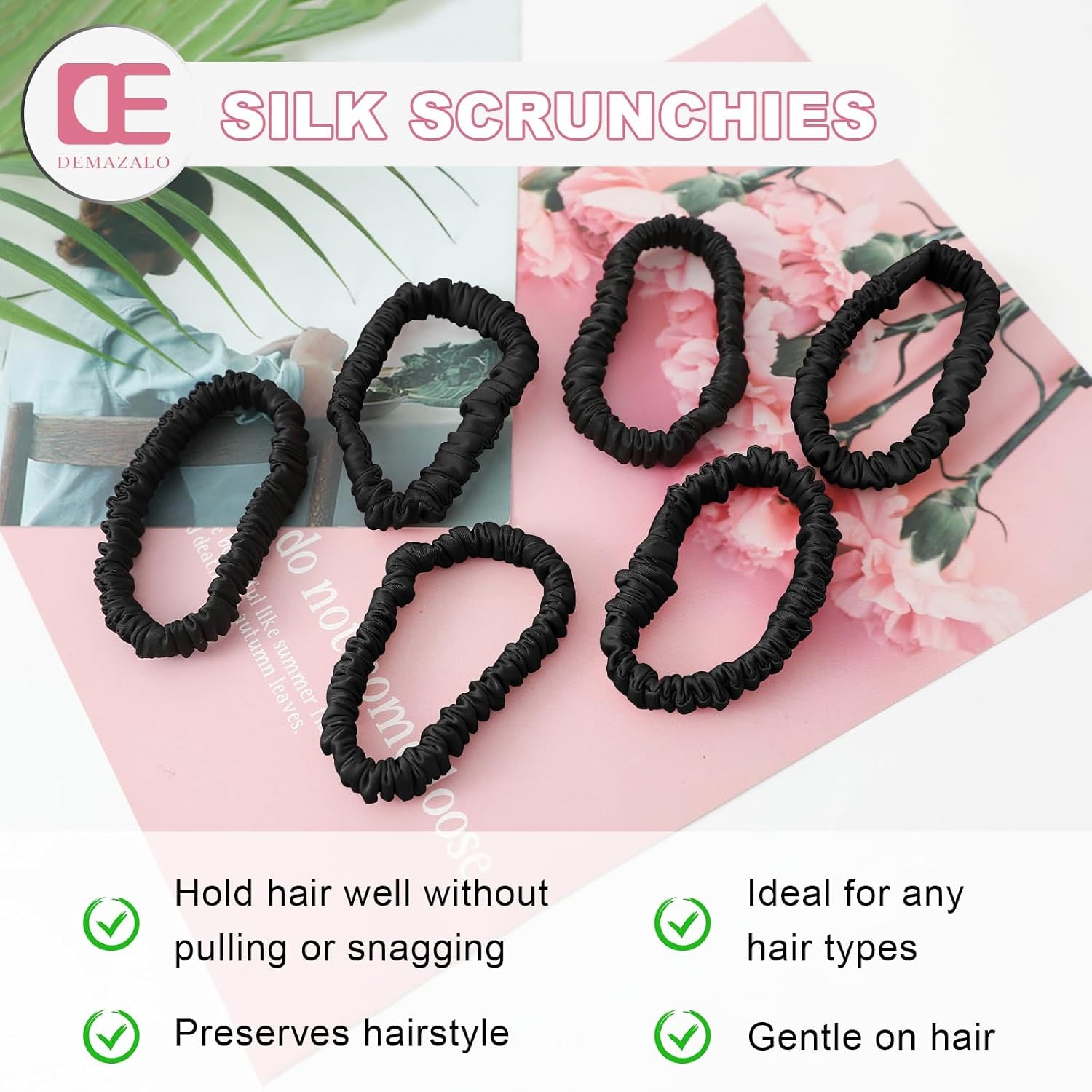 Black Mulberry Silk Hair Ties, 6 Pack: image 5