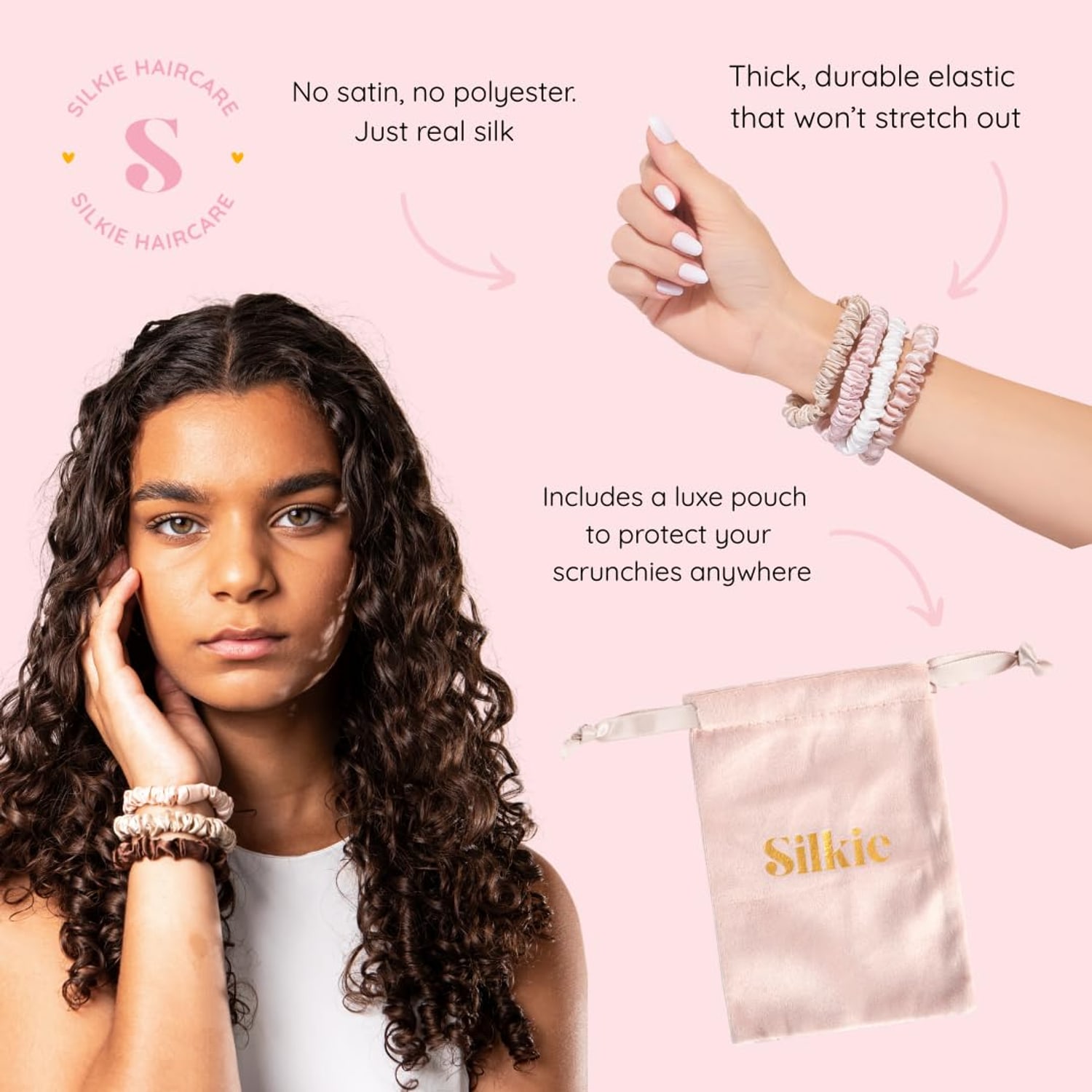 Skinny Mulberry Silk Scrunchies 4 Pack, Praline